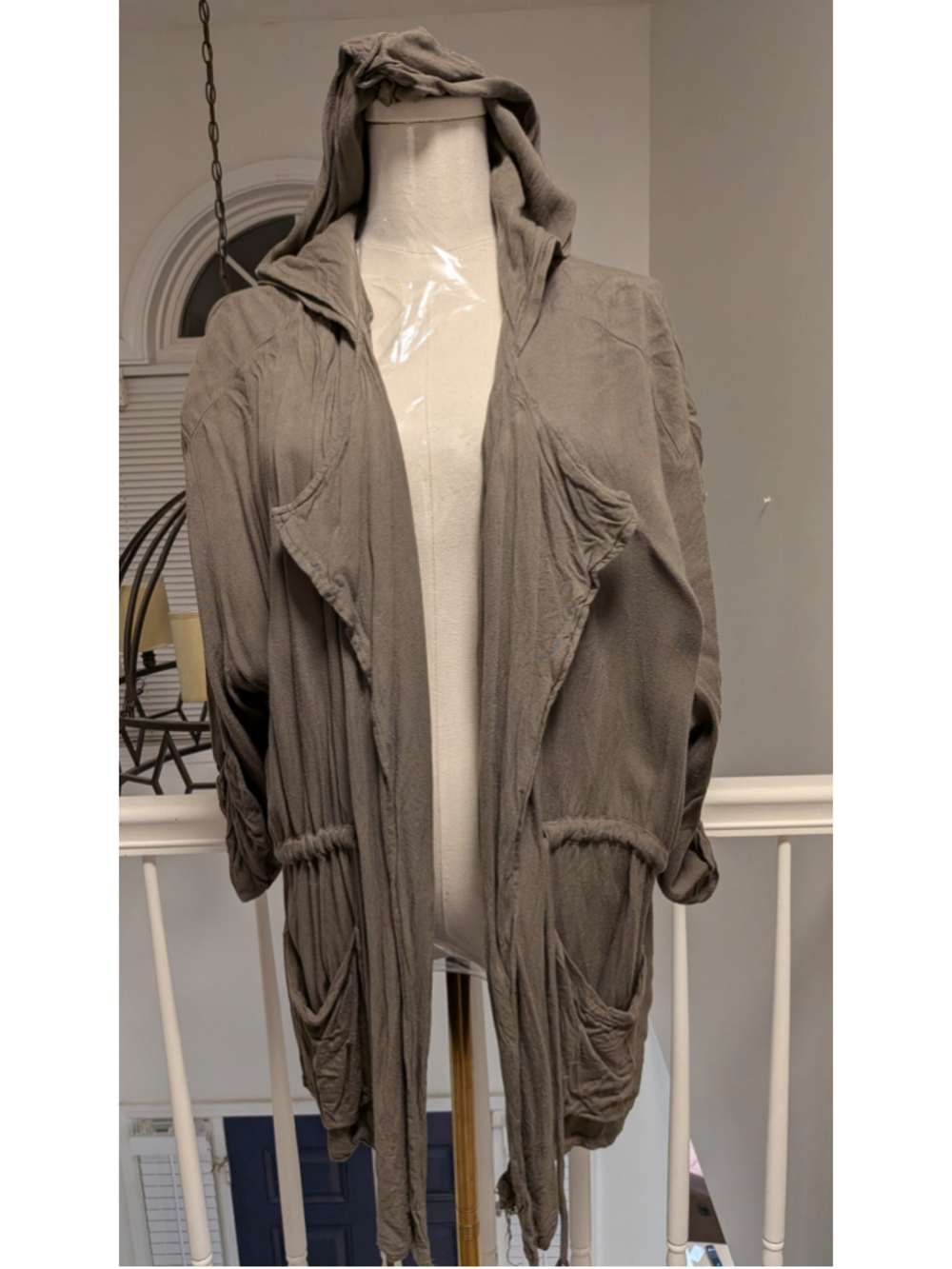 American Rag Cie Hooded Draped Open Front Utility Cardigan Jacket Taupe L